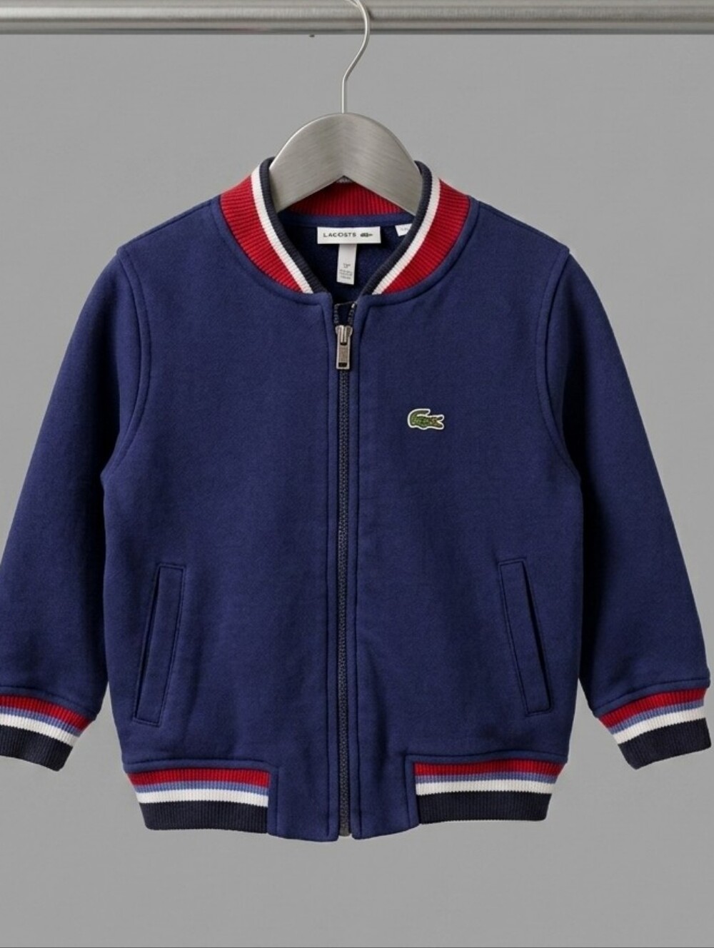 Lacoste Kids Navy Blue Fleece Bomber Track Jacket Full Zip Striped Size 3